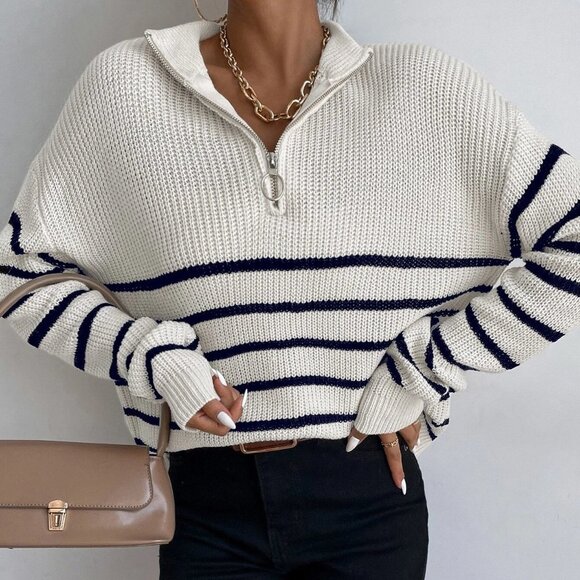 White Casual Womens Striped Drop Shoulder Zipper Front Sweater - Picture 2 of 5